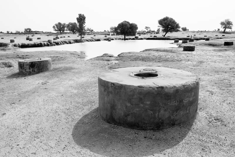 Traditional water supply science and technology of India - cluster of shallow wells called 'kuiyan' around a pond ('johad') outside a village settlement in Thar Desert, Bikaner district, Rajasthan